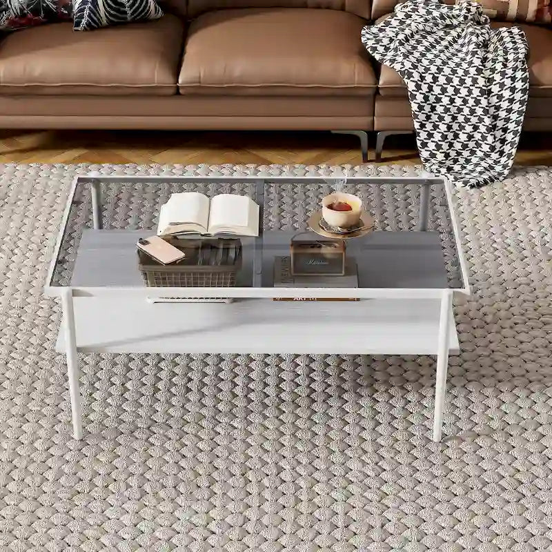 Rectangle Coffee Table with Tempered Glass top,Modern Table for Living Room