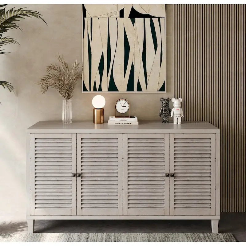 Sideboard Buffet Cabinet with 4 Shutter Doors - White Wash