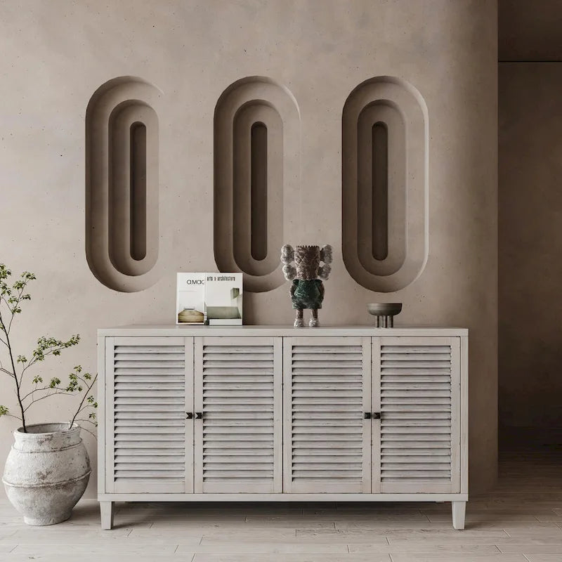 Sideboard Buffet Cabinet with 4 Shutter Doors - White Wash