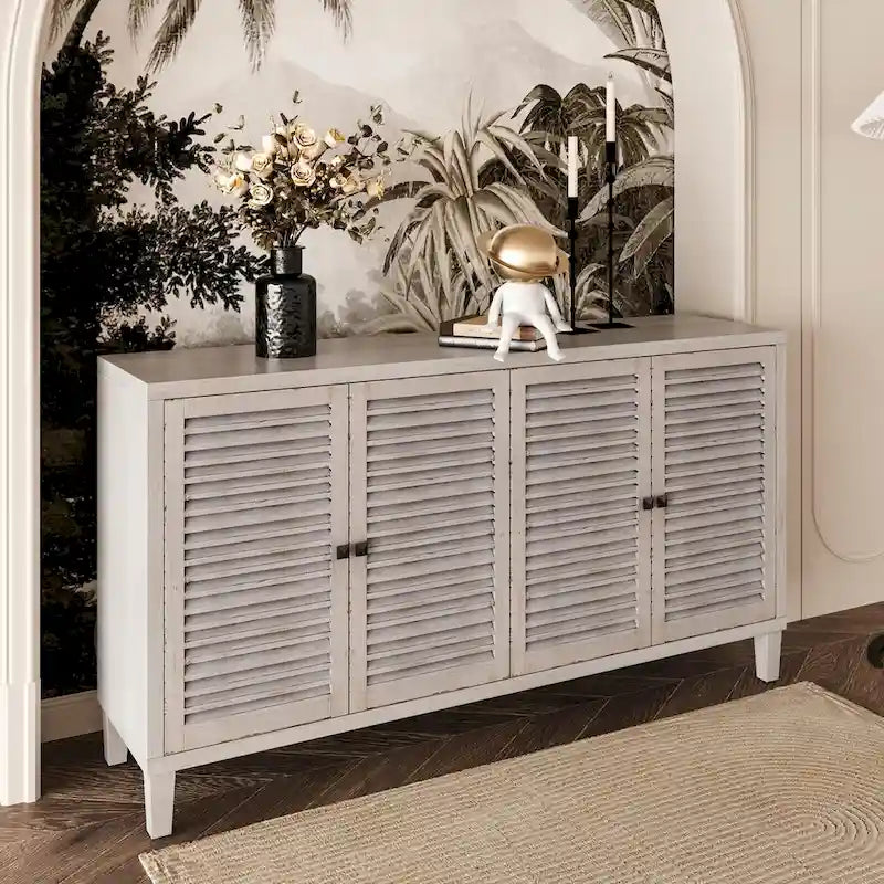 Sideboard Buffet Cabinet with 4 Shutter Doors - White Wash