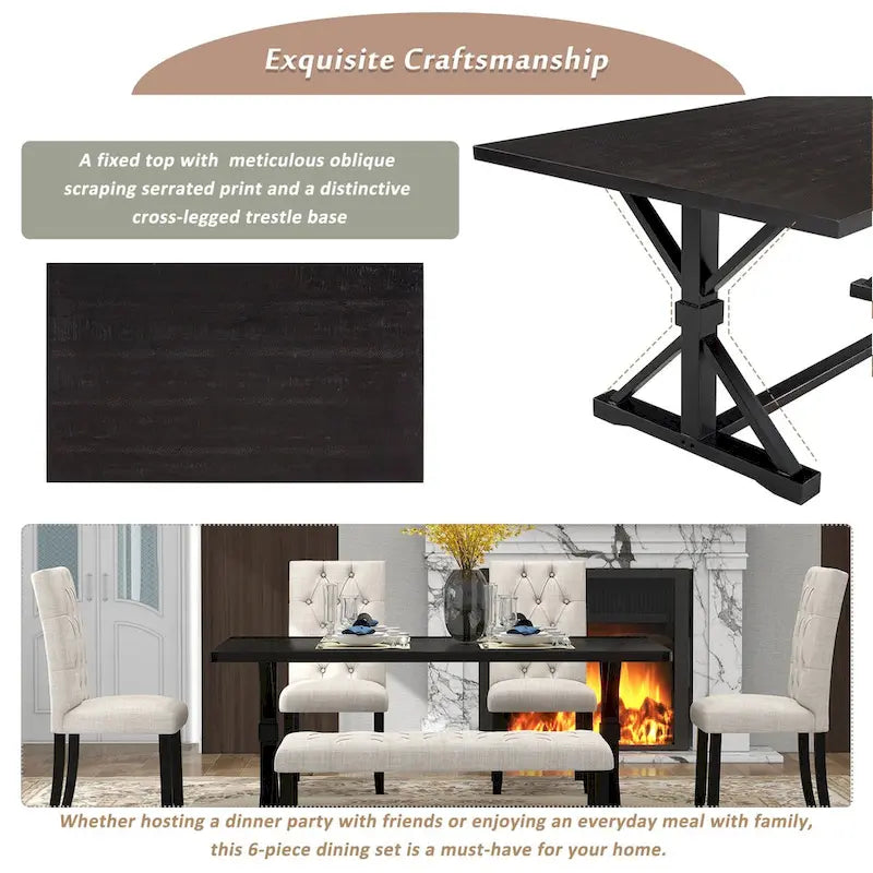 6-Piece Farmhouse Dining Table Set 72 Wood Rectangular Table, 4 Upholstered Chairs with Bench