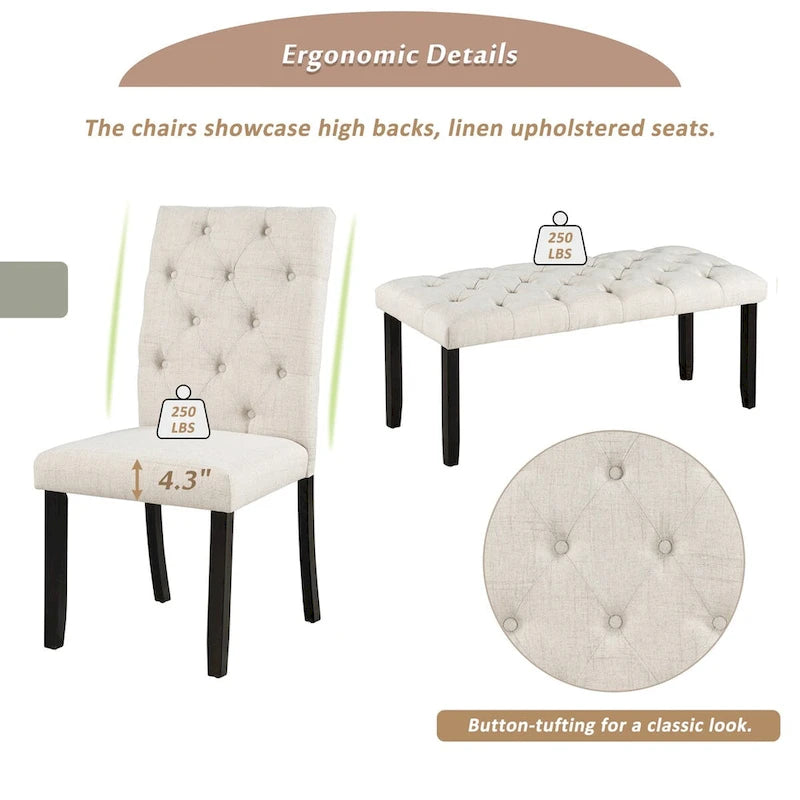 6-Piece Farmhouse Dining Table Set 72 Wood Rectangular Table, 4 Upholstered Chairs with Bench