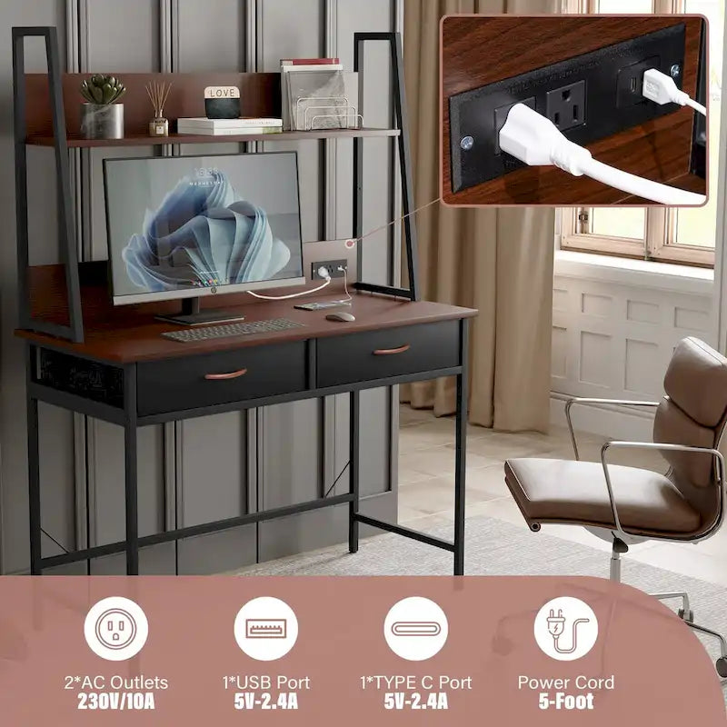 Computer Desk Writing Table w/ Power Outlets, Drawers and Storage Shelf, Workstation for Home Office