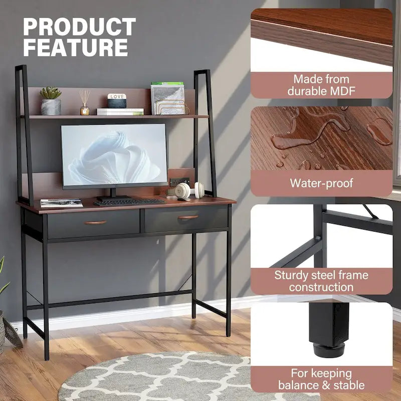 Computer Desk Writing Table w/ Power Outlets, Drawers and Storage Shelf, Workstation for Home Office