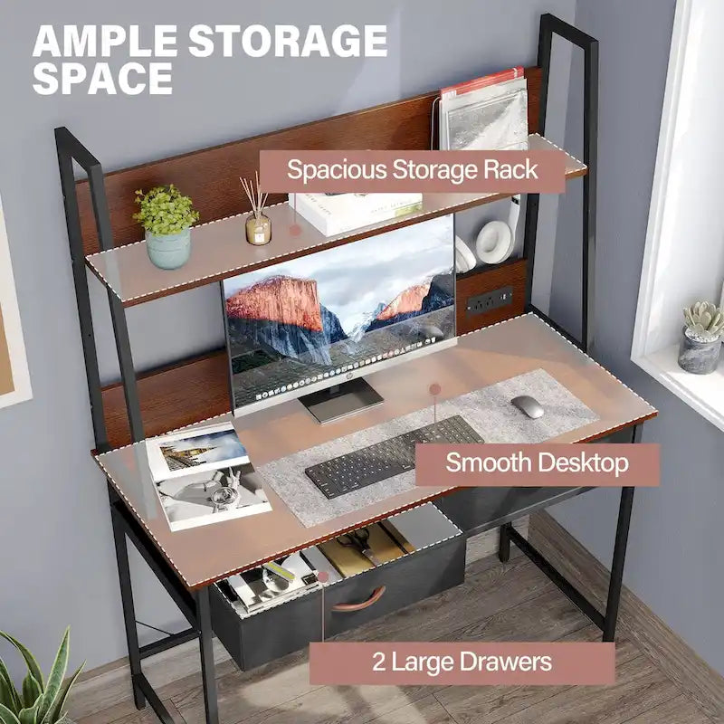 Computer Desk Writing Table w/ Power Outlets, Drawers and Storage Shelf, Workstation for Home Office