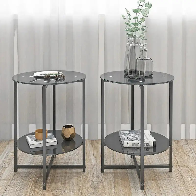 2-piece set,Tempered Glass End Table, Round Coffee Table for Bedroom Living Room Office