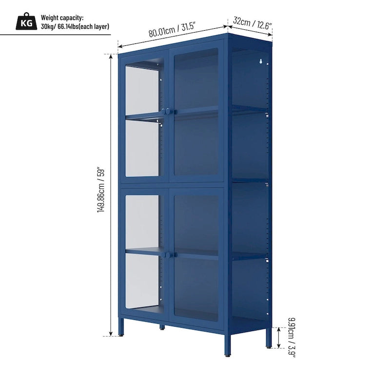 Four Glass Door Storage Cabinet with Adjustable Shelves and Feet Cold-Rolled Steel Sideboard Furniture