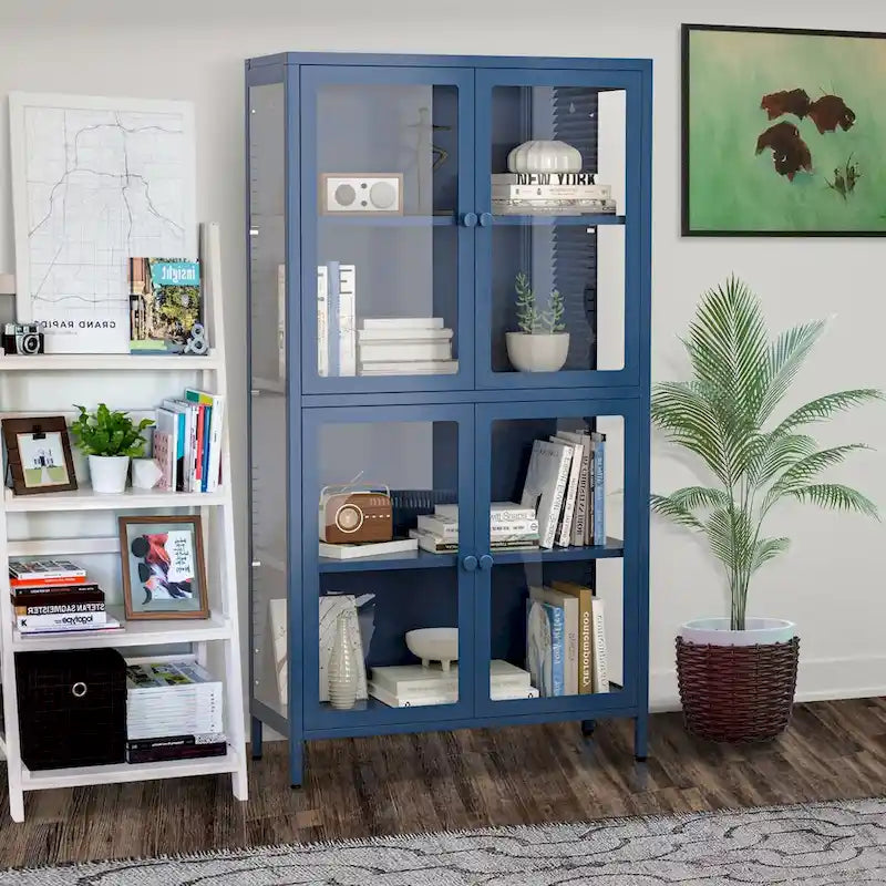 Four Glass Door Storage Cabinet with Adjustable Shelves and Feet Cold-Rolled Steel Sideboard Furniture