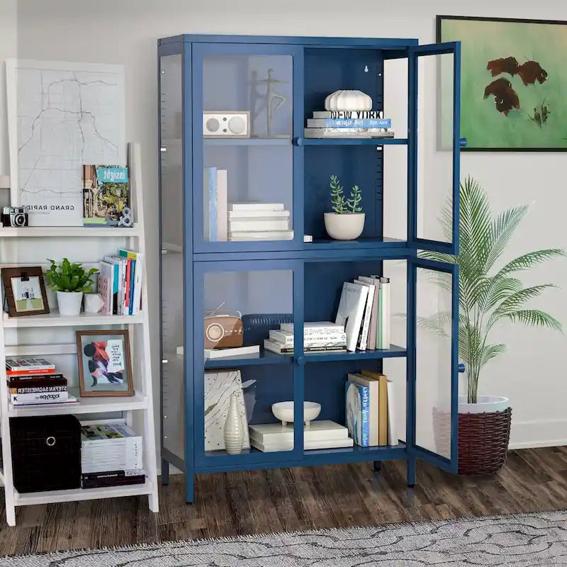 Four Glass Door Storage Cabinet with Adjustable Shelves and Feet Cold-Rolled Steel Sideboard Furniture