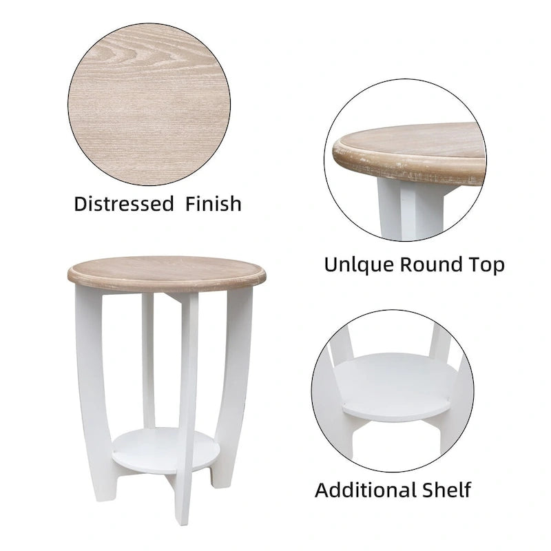 2 Tiers Wooden Round Side Table,White and Brown