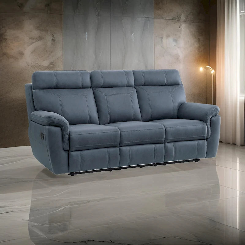 Cliff 85 Inch Manual Reclining Sofa, Blue Microfiber, Solid Wood, Metal