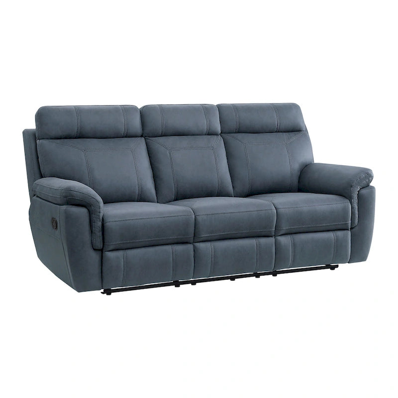 Cliff 85 Inch Manual Reclining Sofa, Blue Microfiber, Solid Wood, Metal