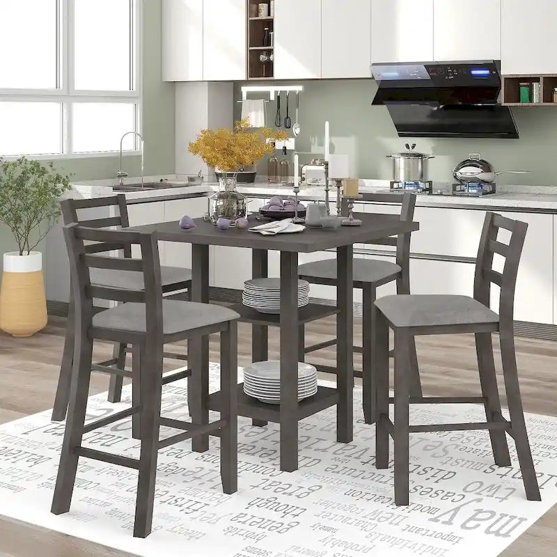5 PCS Wooden Counter Height Dining Set with Padded Chairs and Storage Shelving
