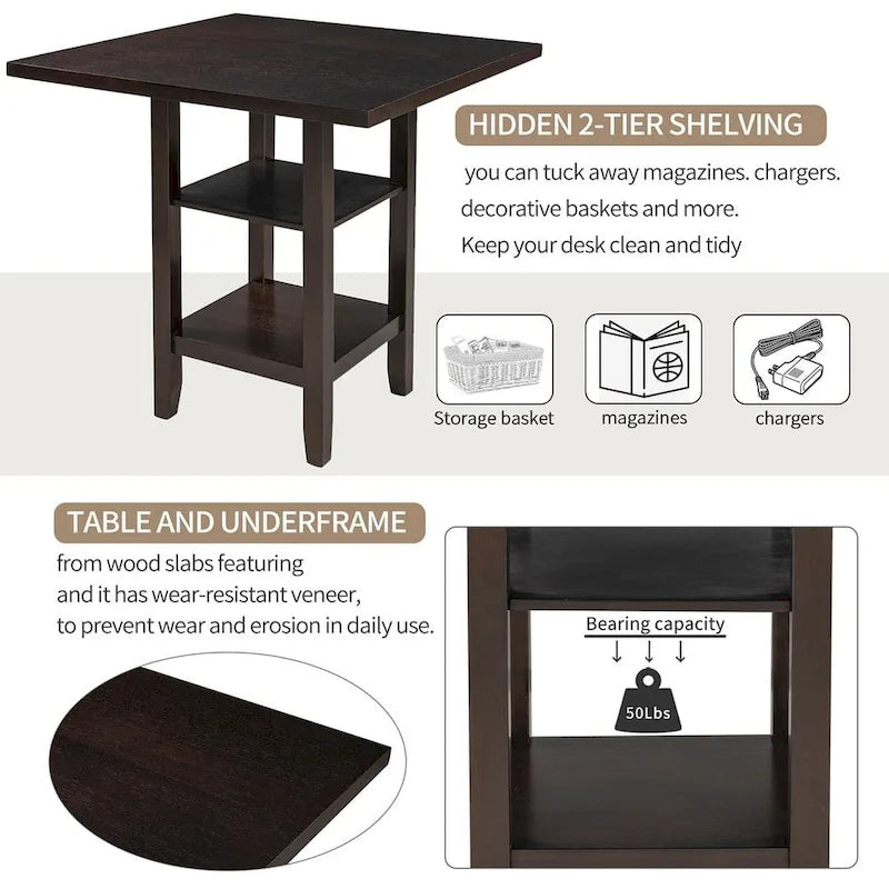 5 PCS Wooden Counter Height Dining Set with Padded Chairs and Storage Shelving