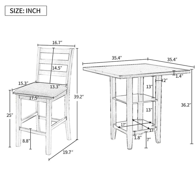 5 PCS Wooden Counter Height Dining Set with Padded Chairs and Storage Shelving