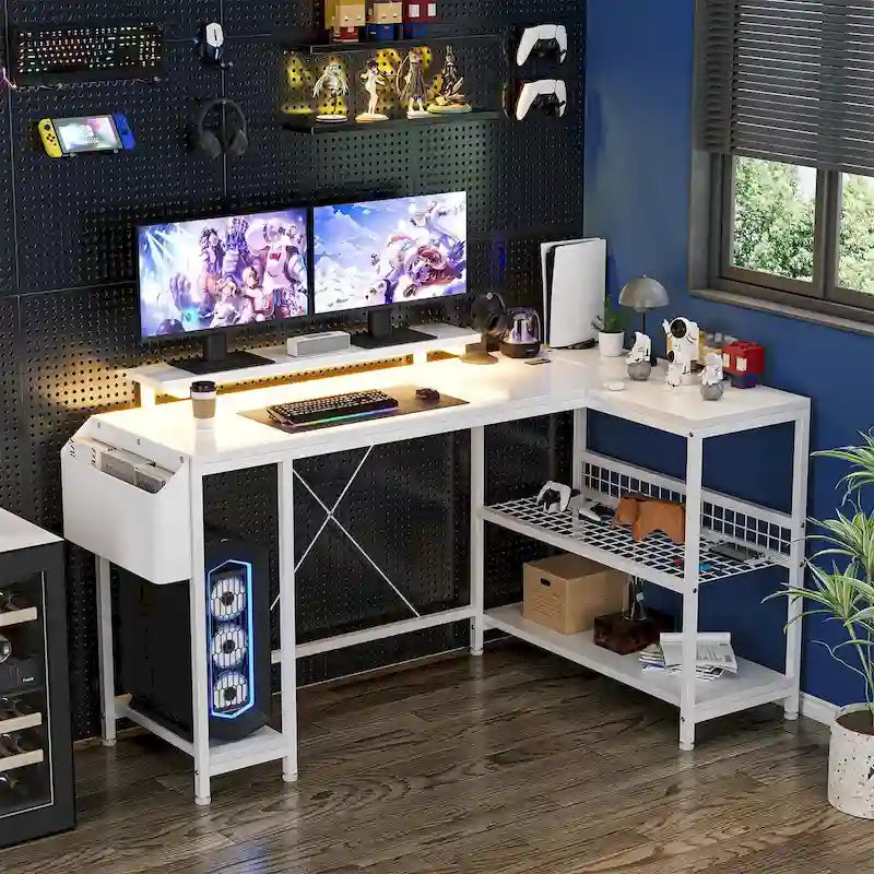 Modern L Shaped Computer Desk with Power Outlets & LED Light