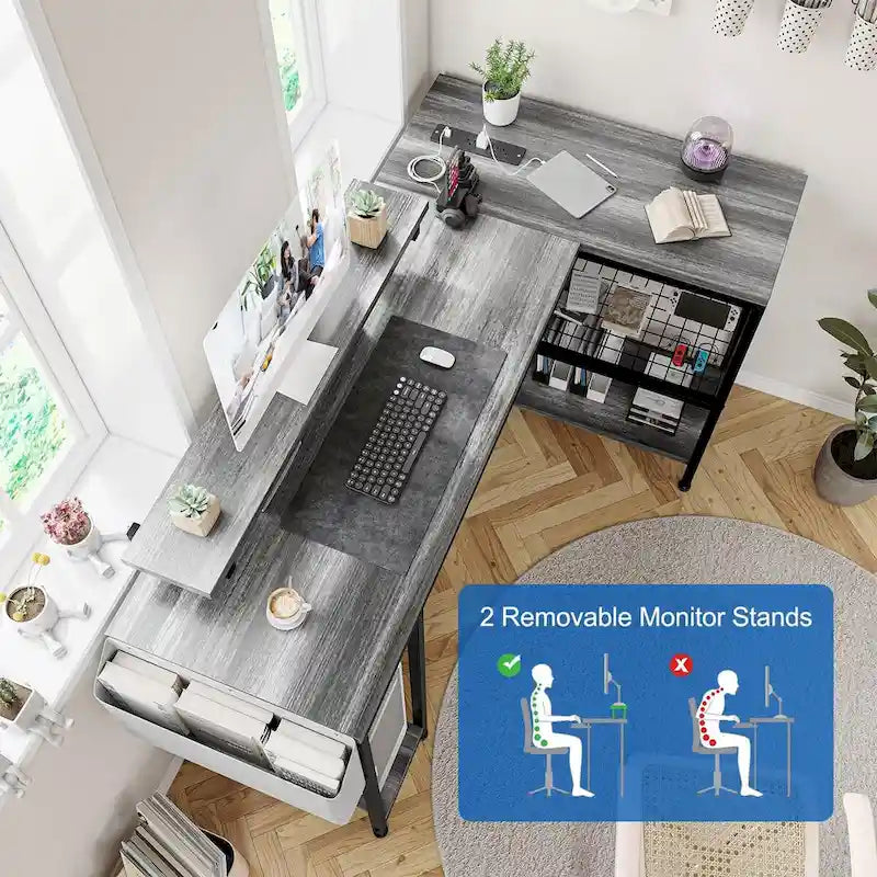 Modern L Shaped Computer Desk with Power Outlets & LED Light