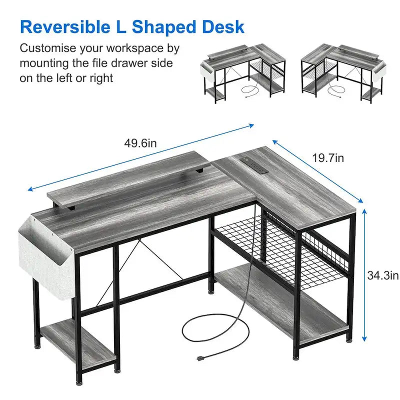 Modern L Shaped Computer Desk with Power Outlets & LED Light