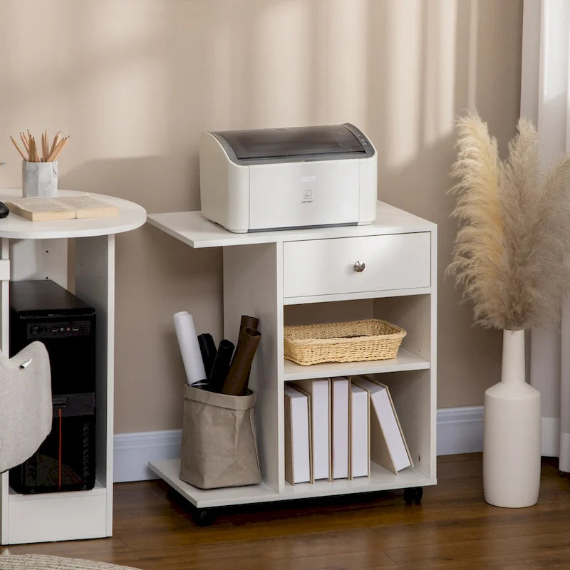Mobile Printer Stand, Rolling File Cabinet Cart with Wheels, Adjustable Shelf, Drawer and CPU Stand, White