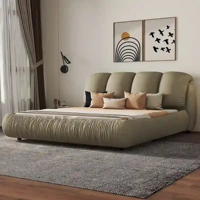 Queen Size Luxury Upholstered Bed With Thick Headboard, Vevet Queen Bed with Oversized Padded Backrest